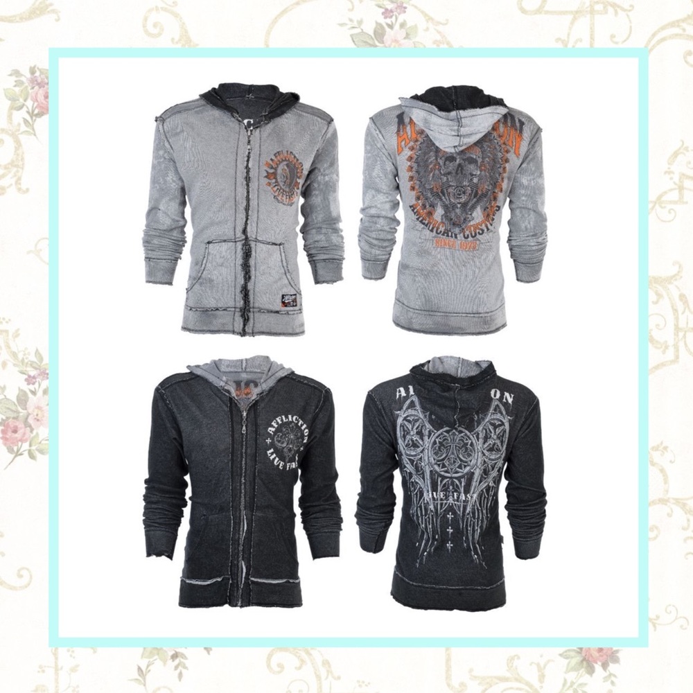 🌺 XXL 2WAY HOODIE REVERSIBLE ZIP UP AFFLICTION LONG SLEEVE INDIAN GRAPHIC PRINT